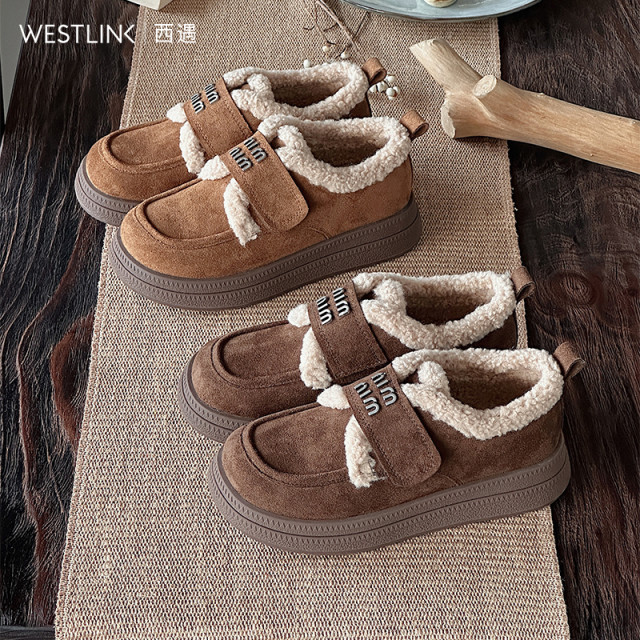 Western lamb fur plus wool shoes for women in autumn and winter suede leather shoes for women wearing cotton shoes thick-soled loafers
