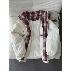 
Beige Jinjiang thickened down cotton coat men's winter plaid splicing cotton coat coat couple American high street bread coat
