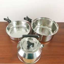 Stainless steel camping outdoor cookware set pot portable mountaineering pot storage portable camping pot with tea kettle