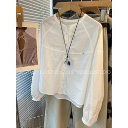 Casual Style Korean Dongdaemun Elegant Single-Breasted Loose Round-Neck Long-Sleeved Shirt for Women Autumn White Shirt Blouse