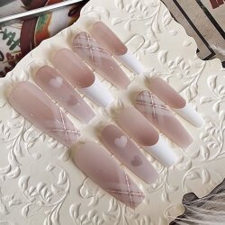 Matte Pink Grid French Heart-Shaped Diamond Pattern Extended Ladder-Shaped Press-On Nails Cute Nail Art Stickers