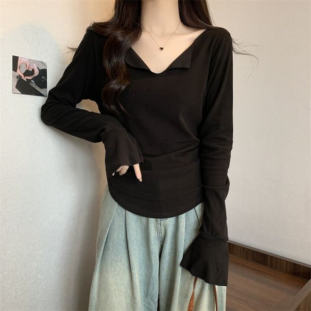 Red V -neck long -sleeved T -shirt bottoming shirt female autumn large ...