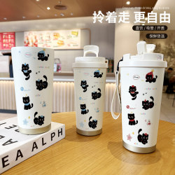 Cute and Stylish Cat-Themed Thermos Cup for Couples, High-Quality Coffee Cup for Men and Women, New 316 Stainless Steel Straw Water Cup