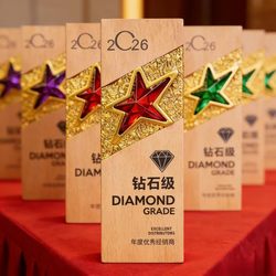 New Solid Wood Crystal Trophy, Creative Crystal Engraving, Corporate Honor Award Medal, Authorized Plaque, Souvenir