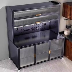 Thickened Kitchen Multi-Functional Storage Rack, Floor-Standing Multi-Layer Bowl and Microwave Storage, Sideboard Against the Wall, Integrated Storage Cabinet