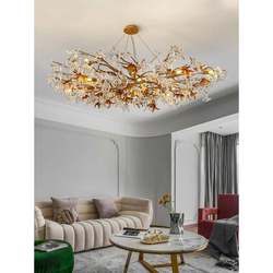 Full copper living room lamp Chinese creative flower branch chandelier villa round dining table lamp glass retro shape decoration