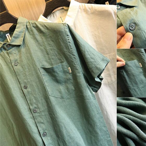 
100 linen! Cool and breathable! High-end hemp and cool light business lapel short-sleeved shirt trendy