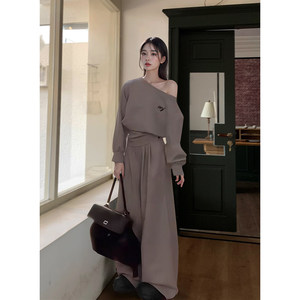 
Gray casual sports suit women's spring new one-line slanted shoulder long-sleeved top wide-leg pants two-piece set