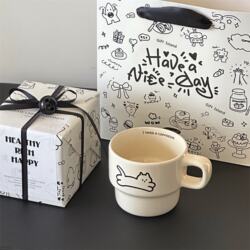 Cute Cat and Puppy Ins-Style Couple Stacking Mugs Gift High-Temperature Resistant Ceramic Mug Coffee Cup