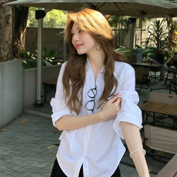 Sadsoil Basic White Pleated Shirt for Women, Spring and Summer Loose Casual Long-Sleeved Atmospheric Top Shirt for Women