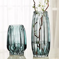 Simple Vertical Ribbed Glass Vase, Creative Colorful Transparent Lily Vase, Large Water-Cultured Flower Arrangement Vase for Living Room Decoration