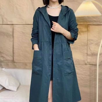 
Thin mid-length windbreaker mother's wear 2024 spring new hooded loose Q solid color western style big pocket jacket