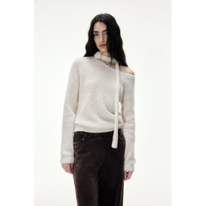 
in modo diverso original 85% merino wool bouclé yarn oblique shoulder crochet flower ribbon loose sweater