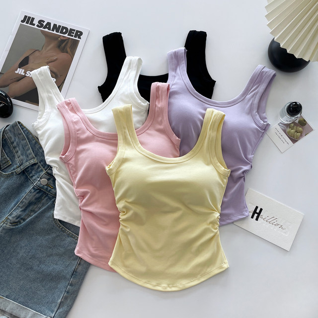 Wrinkled vest for women summer top suspender with chest pad 2025 new hot girl sports inner base covering for secondary breasts