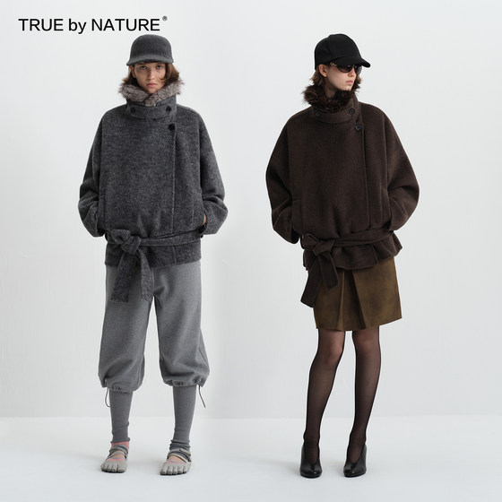 
TRUE by NATURE 70% wool retro double-sided woolen detachable fur collar short woolen coat