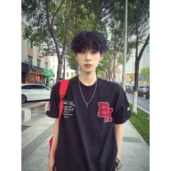 American High Street Style Letter Embroidery Short-Sleeve T-Shirt for Men, New Summer National Trend Brand, Loose Fit, Couple's Pure Cotton Top ins