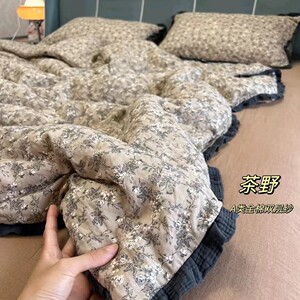 
Class A mother and baby full cotton double layer yarn wrinkled lace style Maillard color pure cotton bed four-piece set sheet and quilt cover