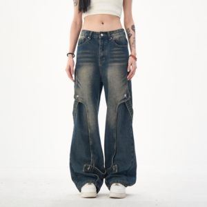 
Nonsensical American retro distressed washed jeans for men and women deconstructed streamer design metal straight pants