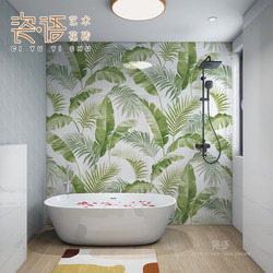 French-Style Bathroom Tiles, Vintage Bathroom Toilet Tiles, Green Plant Wall Tiles, Banana Leaf Background Wall