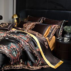 High-end European-style black bedding four-piece set, luxury villa satin jacquard multiple-piece bed cover quilt cover sheets