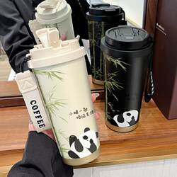 316 Stainless Steel Insulated Dual-Use Portable Coffee Cup for Men and Women, Large Capacity with Straw Mouth, Trendy Panda Design