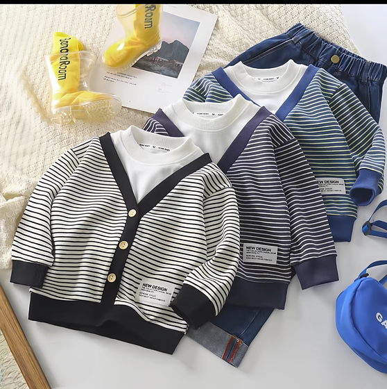 
Boys' base shirt 2025 new children's fake two-piece tops, handsome and versatile baby sweatshirts, spring long-sleeved T-shirts