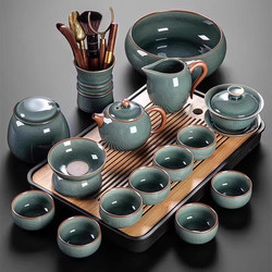 Ge Kiln Tea Set for Home Use in the Living Room or Office, Suitable for Entertaining Guests, Light Luxury, High-End Kung Fu Tea Cups, Teapot, Complete Set with Tea Tray
