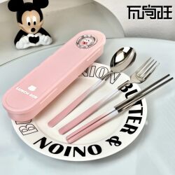 Washangwang Creamy Pink Blue Portable Cutlery Box for School and Work, Food-Grade Portable Cutlery, Stainless Steel Cutlery