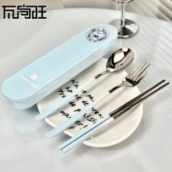 Wushangwang Portable Tableware Box for School and Work Food-Grade Portable Tableware Pink and Blue Stainless Steel Tableware Set