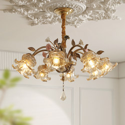2025 New French Pastoral Style Living Room Chandelier, Retro Romantic Ceramic Flower High-End Dining Room Bedroom All-Copper Lamp