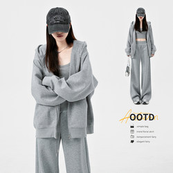 Women's Sweatshirt Early Spring Hooded Zip-Up Jacket Sports Sweatpants 2026 New Style Fleece-Lined Lazy Style Gray Set