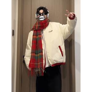 
American double-sided short down jacket for men, winter Christmas wear, couple jacket, high-end stand-up collar bread jacket