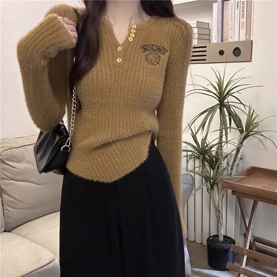 Imitation mink velvet soft waxy embroidered v-neck sweater for women autumn and winter irregular slim fit short bottoming shirt top
