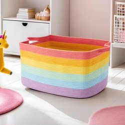 Rainbow Cotton Rope Woven Storage Basket Rectangular Dirty Clothes Basket Large Capacity Storage Basket Woven Storage Basket Organizing Basket