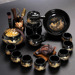 Black Gold Glaze Ceramic Kung Fu Tea Set Multifunctional Home Office Chinese Tea Set with Landscape Gold Trim