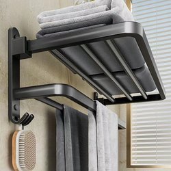 Black Towel Rack, No-Drill Bathroom Storage Rack, Wall-Mounted Toilet Towel Bar, Bathroom Hanging Rack