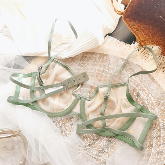 
Girls transparent mesh lace soft steel ring underwear women's ultra-thin sponge-free large breasts look small U-shaped bra