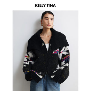 
[Celebrity Same Style] Floral Woolen Jacket 2025 New Autumn and Winter Contrast Color Black Zipper Sweater for Women