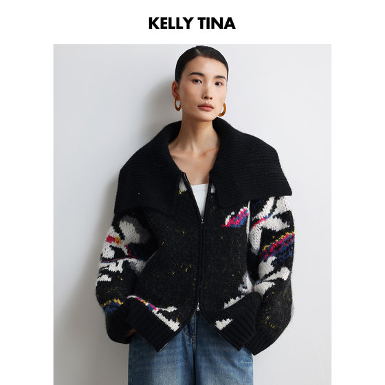
[Celebrity Same Style] Floral Woolen Jacket 2025 New Autumn and Winter Contrast Color Black Zipper Sweater for Women