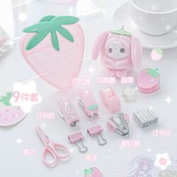 Rosyposy Strawberry Stationery Set Multifunctional Mini Stapler Hole Puncher Clipper Scissors Student Study Supplies High-Value Portable Efficiency Set Cute Girly Style