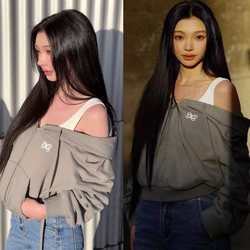 Distinguished from the Market Version, the 2025 Autumn and Winter New Model Features Logo Embroidery, Vintage-Style Faux Two-Piece Off-Shoulder Cardigan Hooded Sweatshirt Jacket