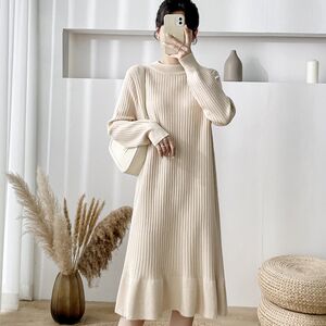 Maternity dress autumn and winter large size knitted sweater mid-length version small maternity dress slimming bottoming skirt winter