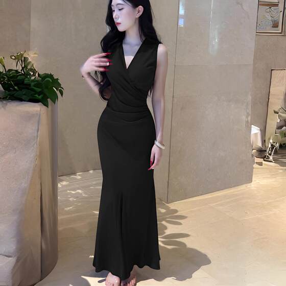 
French style V-neck sleeveless irregular dress Hepburn style high-end waist slimming long dress summer new style