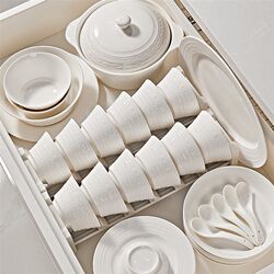 Embossed tableware set light luxury household dishes 2025 new style bowls and bowls pure white bowls and plates housewarming gifts
