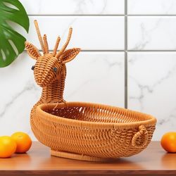 Little Deer Creative Imitation Rattan Handmade Cute Household Storage Basket for Dried Fruits, Snacks, Fruit Basket, Egg Storage Basket