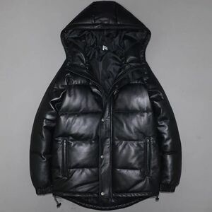 Men's and women's genuine leather down jacket, top layer of sheepskin jacket, hooded youth casual winter thickened warm jacket, left side
