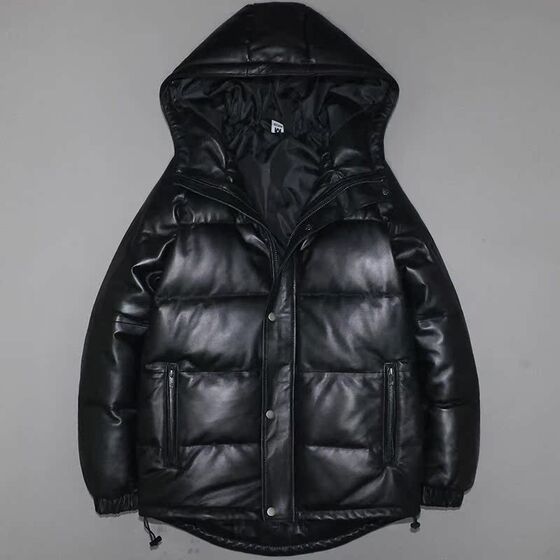 Men's and women's genuine leather down jacket, top layer of sheepskin jacket, hooded youth casual winter thickened warm jacket, left side