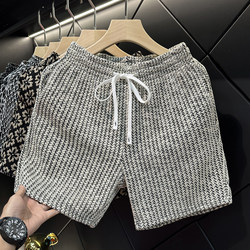 Houndstooth Shorts for Men, Summer Loose Beach Shorts, Quarter-Length Pants, Light Luxury Trendy Brand, Retro Straight-Leg Men's Casual Sports Pants