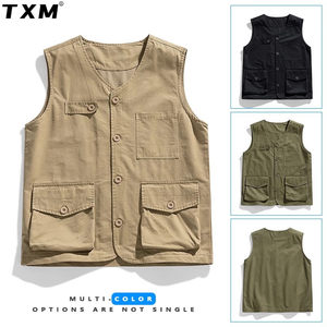 Vest men's spring and autumn thin vest multi -pocket workers, pure cotton and horses, male loose summer sleeveless shoulder jacket