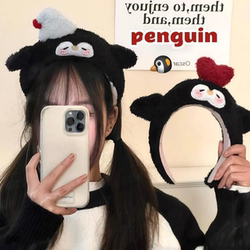 Autumn and Winter Cute Little Penguin Plush Headband, Three-Dimensional Cartoon Doll Headband, Face Washing and Makeup Girl's Heart Hair Accessory Headwear